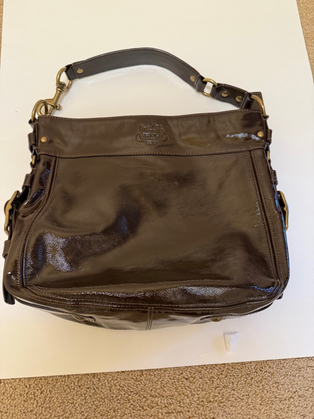 Vintage Coach Zoe Hobo Glossy Patent Leather Shoulder DARK Brown Large -12776